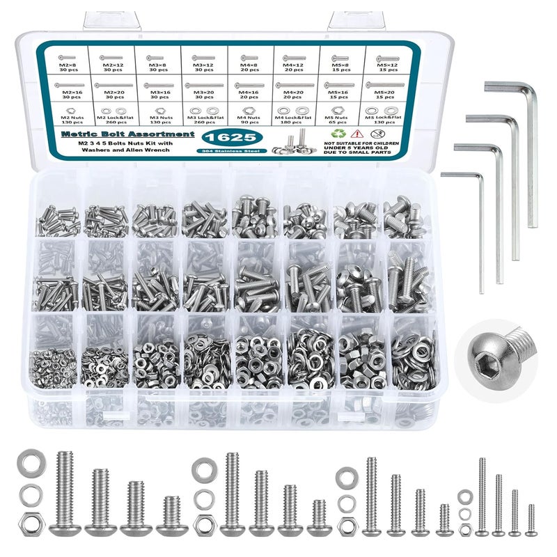 SATANTECH 1625Pcs M2 M3 M4 M5 Metric Screw Assortment,304 Stainless Steel Metric Bolts and Nuts Assortment Kit,Hex Socket Button Head Metric Machine Screws with Flat and Lock Washers - Image 1